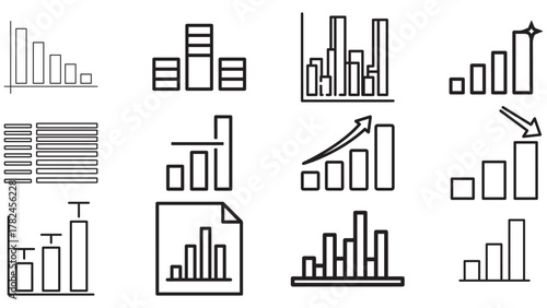 Bar graph icons in black — columns, ranks and comparative values for analytics dashboards and presentations