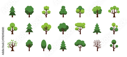 Variety of stylized flat design tree icons and illustrations, representing diverse natural elements and lush greenery