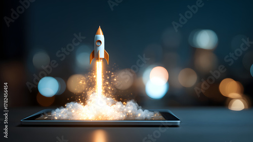 Fototapeta Naklejka Na Ścianę i Meble -  Igniting Innovation: A glowing rocket ship launches from a digital tablet, symbolizing the transformative power of technology and entrepreneurship in the digital age.