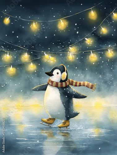 Cute penguin skating on ice under glowing lights during a snowy evening
