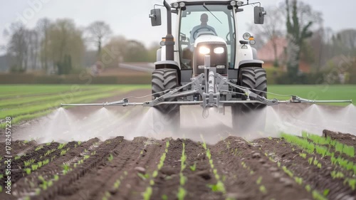 A tractor sprays crops in a flourishing field, showcasing the use of advanced methods for crop care and sustainability