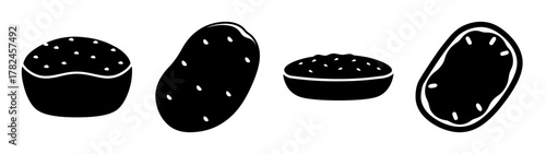 Collection of black and white potato illustrations, showing whole potatoes and crosssections