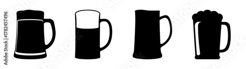 Collection of four black silhouette beer mugs, some filled with beer and foam, isolated on a