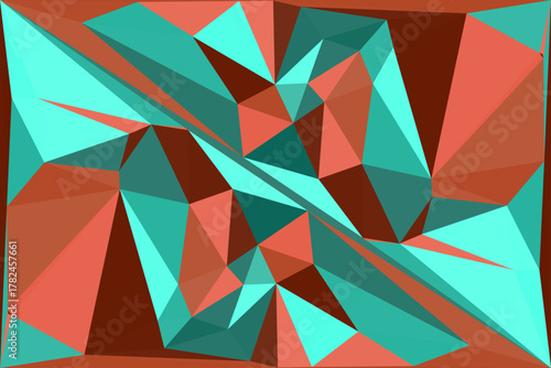 Dynamic abstract geometric background with vibrant angular polygonal shapes in striking teal and coral colors, ideal for digital design projects