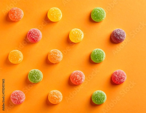Candied dots in orange, yellow, green, and pink are arranged on vibrant orange background