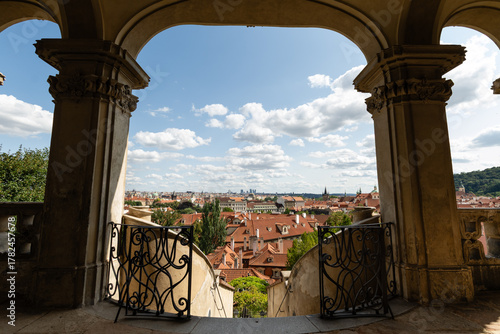 Prague, Czech Republic – August 6, 2025: View from the terrace of the Palace Gardens below Prague Castle, overlooking the red rooftops of Malá Strana, Prague, on a summer day.