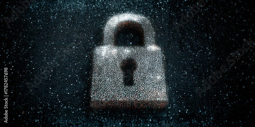 Glowing digital padlock constructed from data points hovers against a dark background