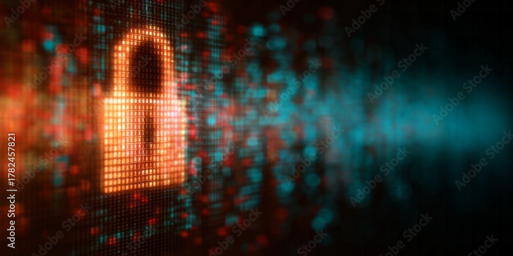 Fototapeta premium Digital padlock icon glows intensely against a dark background with scattered colorful data elements