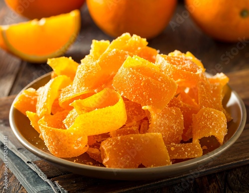 Candied orange peel on plate with whole oranges and slice in background on wood