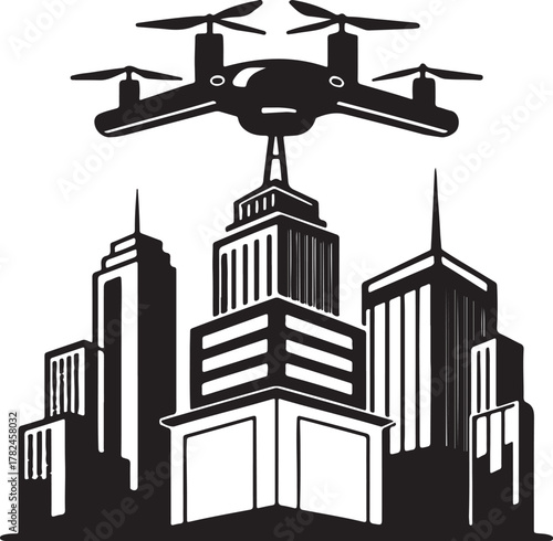 Futuristic drone delivering packages between skyscrapers silhouette design