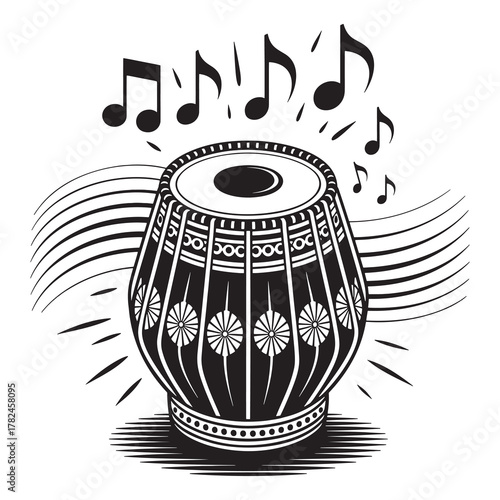 Traditional Indian Drum with Upbeat Musical Symbols