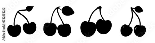 A collection of four black silhouette icons of cherries, each with a stem and some with leaves, arranged in a row on a