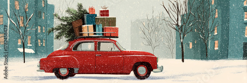 A classic red car decorated with colorful gifts and a green Christmas tree drives through a snowy landscape. The scene reflects the festive spirit of the 50s and 60s holiday season