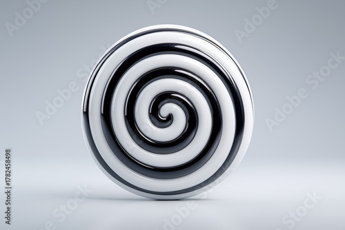 Black and white spiral abstract design with concentric pattern on gray background