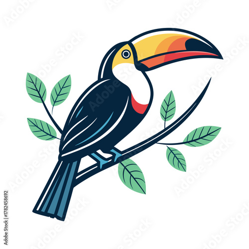 Colorful Cartoon Toucan Perched on Green Branch with Yellow Beak