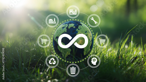 Wallpaper Mural Sustainable Earth with Circular Economy Icons for Eco-Friendly Future and Green Business Practices in Lush Field, Promoting Environmental Responsibility Torontodigital.ca