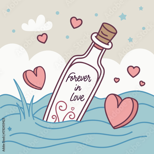 Message in a bottle with hearts floating in the sea, forever in love
