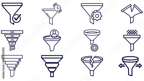 Funnel icons variations in black — conversion stages for leads, acquisition, retention and growth optimization