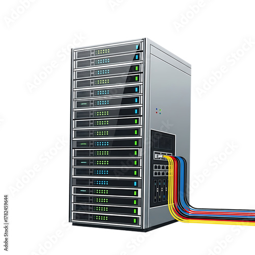 Server tower icon with colored cables representing data processing.