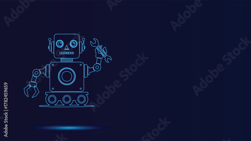 Blue Line Art Robot Vector Illustration Holding Wrench, Retro Style Automation Mechanical Character Design Industrial Technology Concept Artificial Intelligence