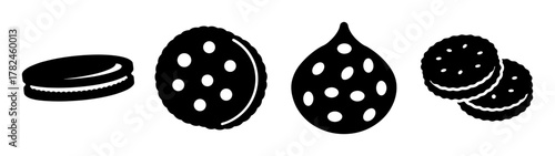 Set of black and white icons representing cookies and a cookie cutter