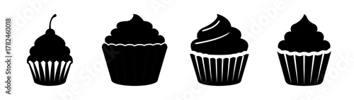 Four black silhouette cupcakes with different frosting designs