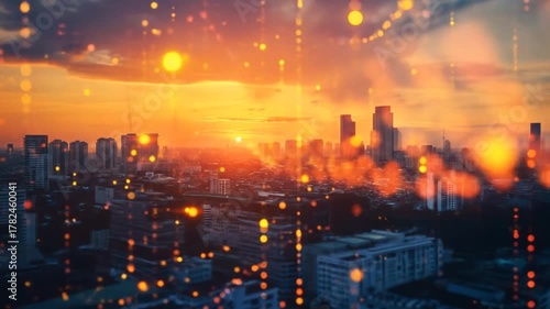 Wallpaper Mural Futuristic cityscape at sunset with glowing digital data particles overlay. Urban skyline representing global network, technology, and connectivity. Torontodigital.ca