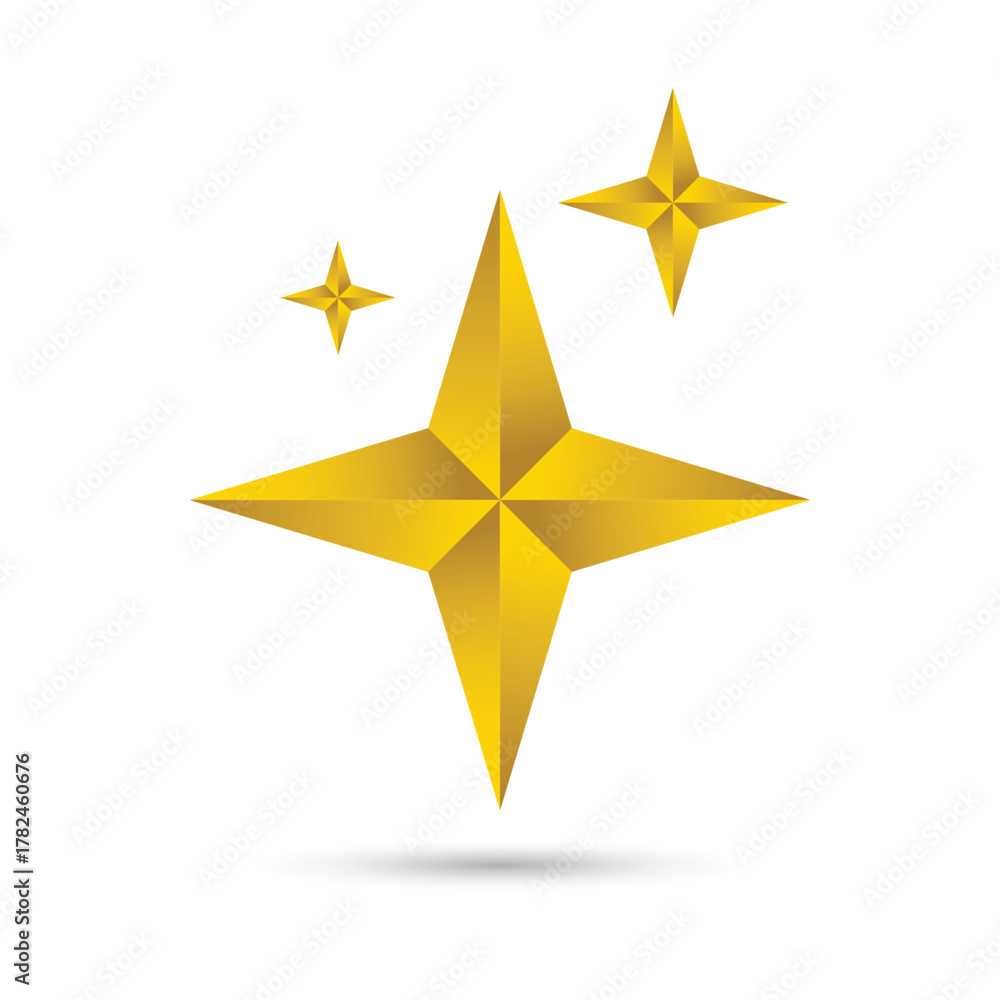 Obraz premium Three Golden star sparkle starbursts of varying sizes.