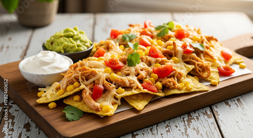 Close-up of loaded nachos on a wooden board, topped with chicken, cheese, corn, tomatoes, cilantro, guacamole, and sour cream.
