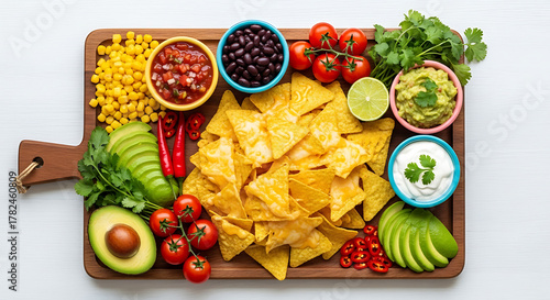 Overhead view of a wooden board featuring nachos surrounded by bowls of salsa, black beans, guacamole, sour cream, corn, and an assortment of fresh vegetables.