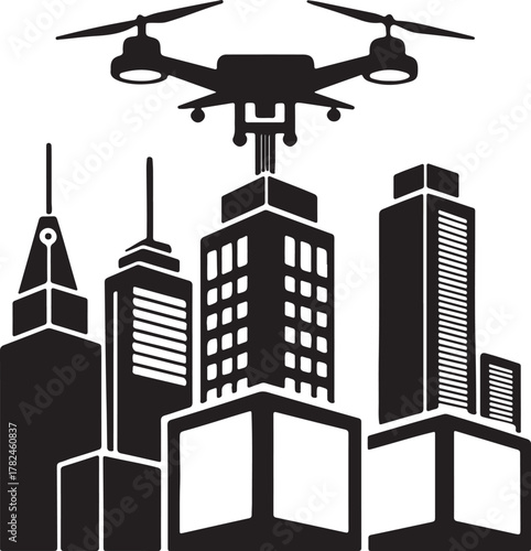 Futuristic drone delivering packages between skyscrapers silhouette design