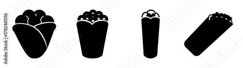 Collection of four black silhouette icons representing burritos or wraps from different angles, isolated on a