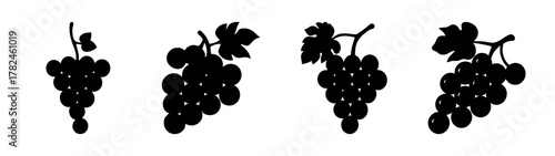 Collection of four black silhouette grape clusters with leaves, isolated on a, showcasing different angles and sizes of the fruit