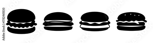 Four black silhouette icons of hamburgers with different fillings and buns