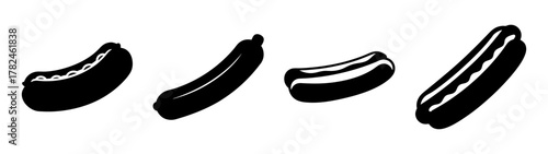 Four black silhouette icons of hot dogs on a
