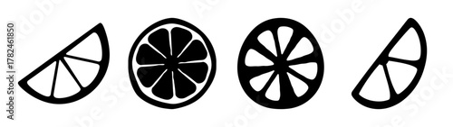 Black and white graphic illustration of four citrus slices, including two full slices and two wedges, on a