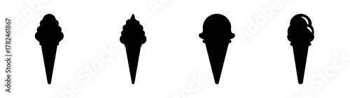 Four black silhouette ice cream cones with different shapes and textures on a