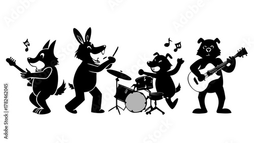 Funny cartoon silhouettes of animals playing musical instruments — bear drummer, fox guitarist, rabbit singer.