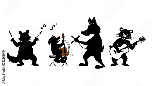 Funny cartoon silhouettes of animals playing musical instruments — bear drummer, fox guitarist, rabbit singer.