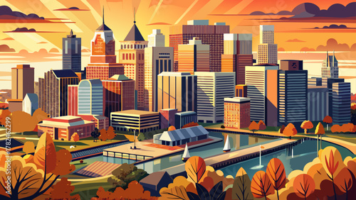 Very beautiful aerial view of downtown Baltimore, Maryland, USA at autumn sunrise, featuring warm golden light over city skyscrapers, colorful fall trees, and a realistic vibrant urban skyline.