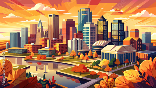 Very beautiful aerial view of downtown Baltimore, Maryland, USA at autumn sunrise, featuring warm golden light over city skyscrapers, colorful fall trees, and a realistic vibrant urban skyline.