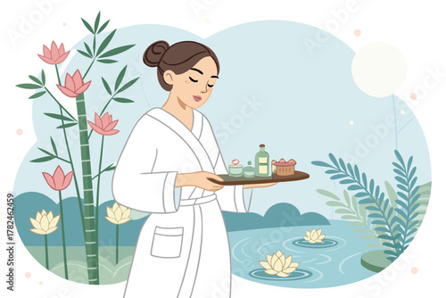 Beauty salon and spa doodle set. Skin care and natural treatment, natural cosmetics concept, time for yourself. Spa with aroma oil, nail file, sleep mask and other care items.	