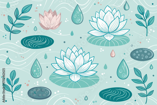 Beauty salon and spa doodle set. Skin care and natural treatment, natural cosmetics concept, time for yourself. Spa with aroma oil, nail file, sleep mask and other care items.	