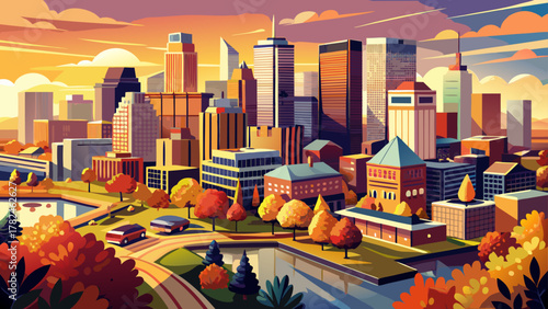 Very beautiful aerial view of downtown Baltimore, Maryland, USA at autumn sunrise, featuring warm golden light over city skyscrapers, colorful fall trees, and a realistic vibrant urban skyline.