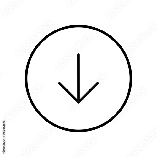 Modern minimal down arrow icon in circle. Simple geometric line style. Ideal for download, decrease, or direction indicators.