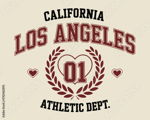 los angeles Slogan graphic for t-shirt.   tee t shirt or sweatshirt. Vintage Athletic Hearts. typography college varsity, Vintage college style typography California