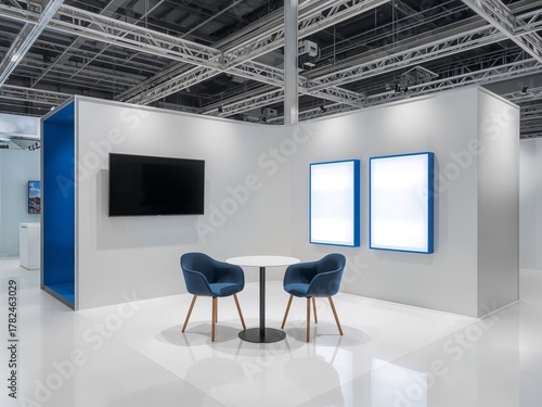 A modern exhibition booth with white walls, a TV, two chairs, and two blank blue lightboxes.