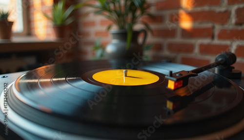 Vintage vinyl record spinning on turntable in a cozy room  