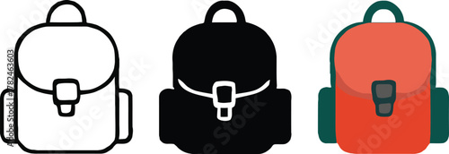 Three Backpacks in Line Art Black and White and Color