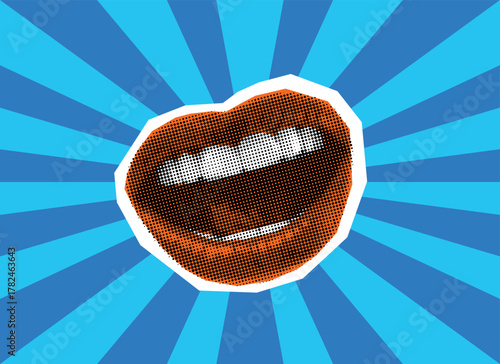 Halftone screaming mouth. Modern collage with female mouth that screams. Template for banner, poster, social media and ads. Vector illustration.